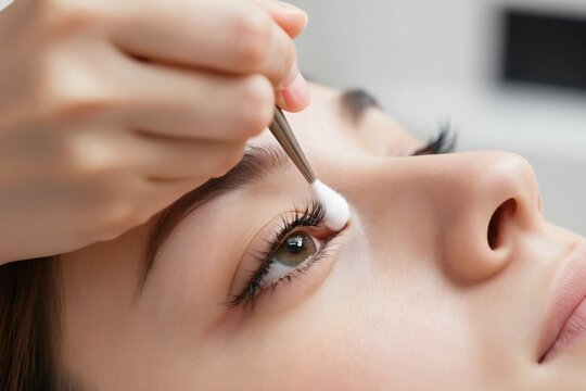 Beautician cleans lashes after tinting procedure. Woman gets eye treatment for lash lift at salon. Closeup face of girl getting beauty care.