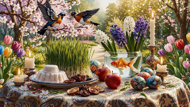 Gentle Nowruz Celebration with Spring Renewal Illustration - An enchanting illustration depicting a traditional Nowruz Haft-Sin table set amidst a vibrant spring garden.