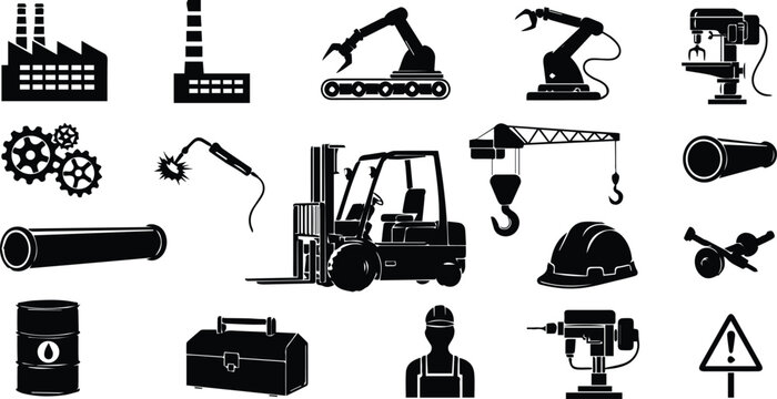 Black industrial manufacturing vector icon collection with factory robot arm conveyor machine drill forklift crane gears pipe barrel toolbox and worker