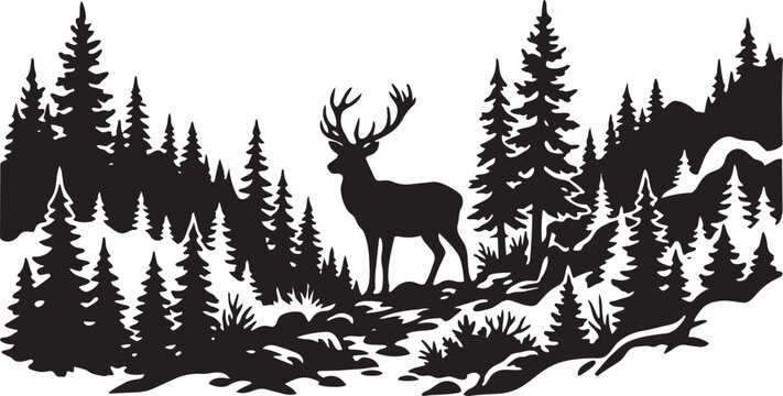 Black silhouette of a deer with antlers standing in a forest