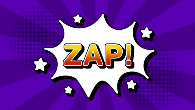 zap text word lettering popup comic cartoon reveal with bomb and smoke explosion manga anime book page dots with radial speed lines doodle background with seamless loop animation retro