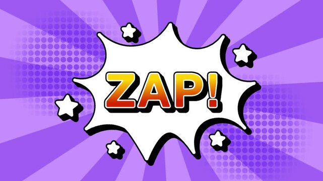 zap text word lettering popup comic cartoon reveal with bomb and smoke explosion manga anime book page dots with radial speed lines doodle background with seamless loop animation retro