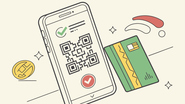 Smartphone displays a successful payment confirmation screen with a green checkmark and QR code.