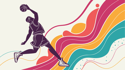 Basketball player performs an athletic jump shot against a backdrop of colorful abstract lines. © RanaMuhammad