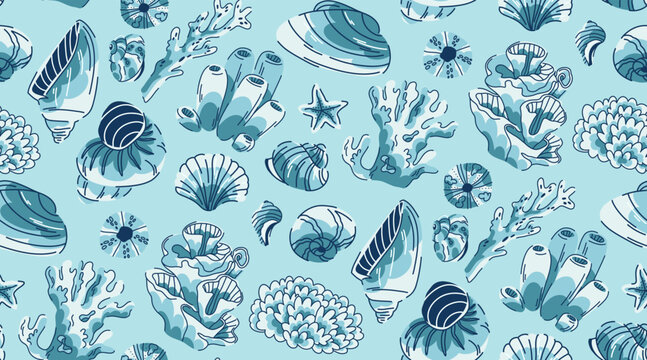 Seamless pattern with blue and aquamarine colors with corals and shells on the seabed