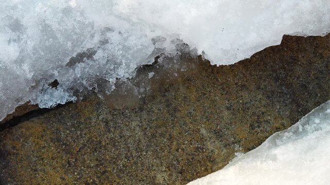 Water flowing between rocks and snow on a cold winter day in a quiet outdoor area