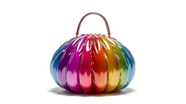 Colorful Rainbow Metallic Inflated Handbag, Multicolored Puffy Mini Purse with Glossy Texture Isolated