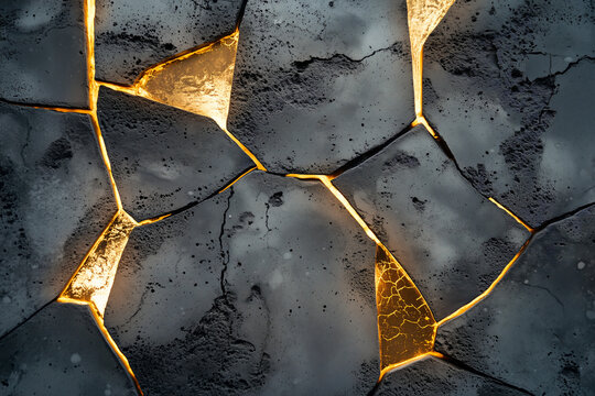 Raw brutalist concrete with geometric gold inlay texture close up.
