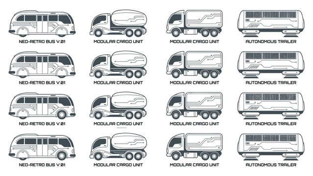 Futuristic transport vehicle set featuring neo retro bus and autonomous modular cargo unit vector illustration