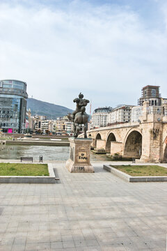 Skopje, Macedonia- March 31, 2024: Stone bridge Skopje, a bridge across the Vardar River in Skopje, the capital of the Republic of North Macedonia.