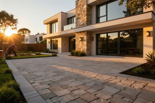 Man works on landscaping near modern house exterior. Sunlight warms stone patio and driveway. Building project in residential backyard garden.