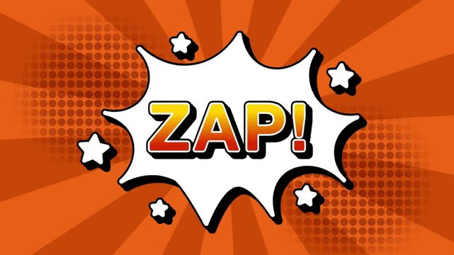 zap text word lettering popup comic cartoon reveal with bomb and smoke explosion manga anime book page dots with radial speed lines doodle background with seamless loop animation retro