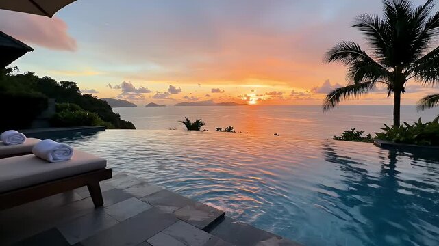 Luxury Infinity Pool at Sunset with Ocean View - A breathtaking view of a luxury infinity pool overlooking a tropical ocean at sunset.