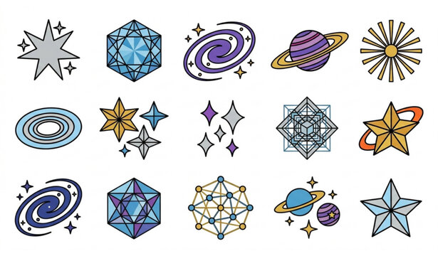 Retro Y2K sparkle shape vector set galaxy stars wireframe bling design collection