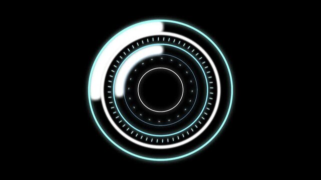 Hud circle loading interface animation featuring futuristic glowing neon blue white rings rotating on black background with technology elements digital motion graphic footage for sci fi cinematic.
