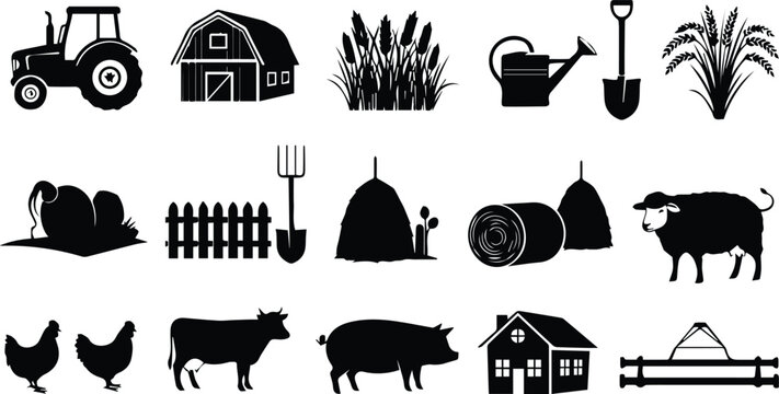 Black and white agriculture farm vector icon set with tractor barn crops tools animals hay bale fence and rural silhouettes