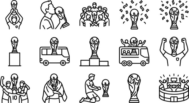 Black and white line art illustrations of people celebrating with trophy