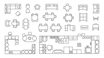 Obraz premium Detailed architectural furniture top view icons set for interior design floor plans including living room and kitchen layouts in clean lines.