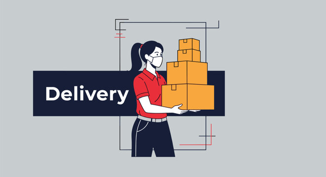 Delivery woman wearing a protective face mask and carrying a tall stack of cardboard boxes in a clean flat vector style.
