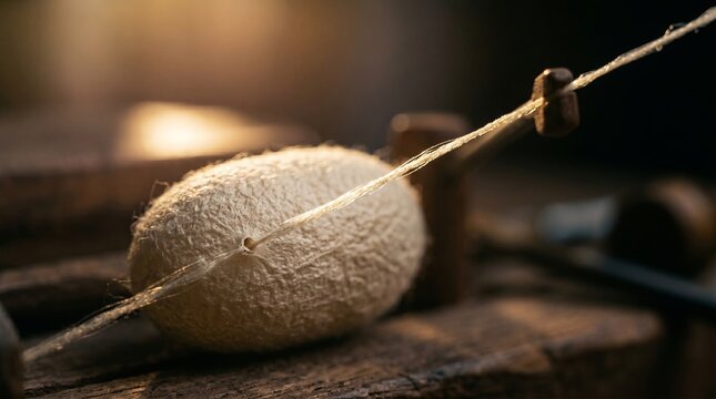 Extreme Macro of Raw Silk Thread Being Unreeled from a Natural Silkworm Cocoon on an Ancient Wooden Surface; Traditional Sericulture Process, Textile Industry Craftsmanship, and Organic Fabric Origin