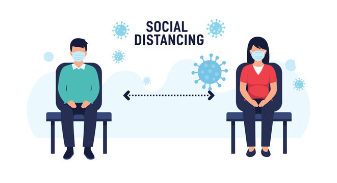Two people wearing medical masks and sitting at a safe distance from each other to follow social distancing guidelines.