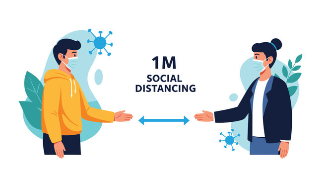 Man and woman wearing masks and staying one meter apart for social distancing to prevent infection in flat vector style.