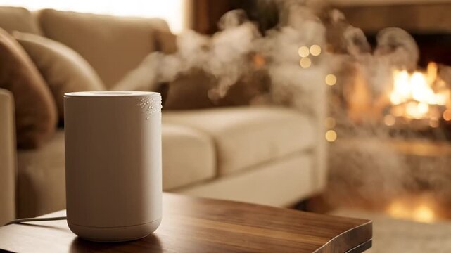 White humidifier emitting mist in cozy living room with fireplace