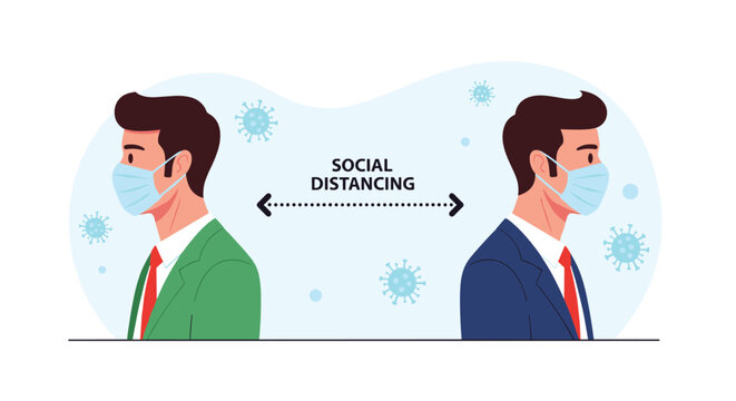 Two professional men wearing face masks and standing far apart for social distancing in a modern workplace illustration.