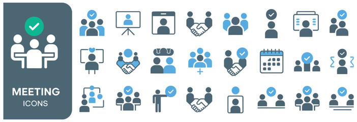 Obraz premium Set of professional business meeting icons showcasing corporate teamwork, handshake agreements, and office collaboration symbols in vector format.