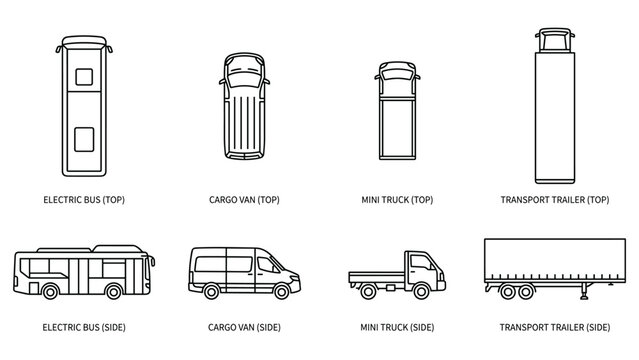 Top view vehicle set vector illustration side and top bus van truck trailer