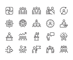 Fototapeta premium Comprehensive set of business management and human resources line icons illustrating leadership, teamwork, strategy, and corporate development goals.