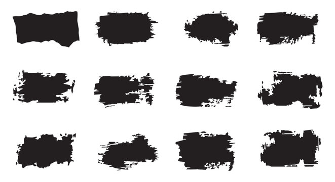 Black grunge brush stroke set. Rough ink paint blocks and redacted censorship bars. Professional vector elements.