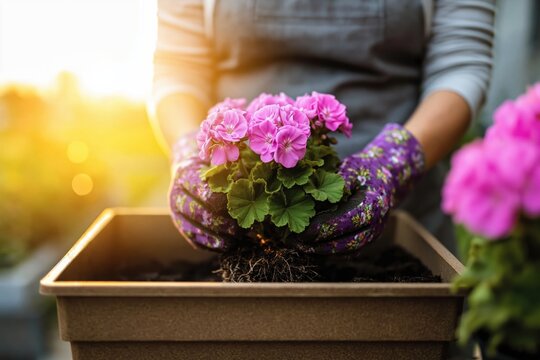 Close up of person wearing floral gardening gloves planting vibrant pink geranium flower into square pot in sunny garden. High quality photo