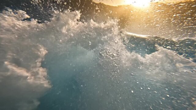 Underwater view of crashing ocean wave with golden sunlight