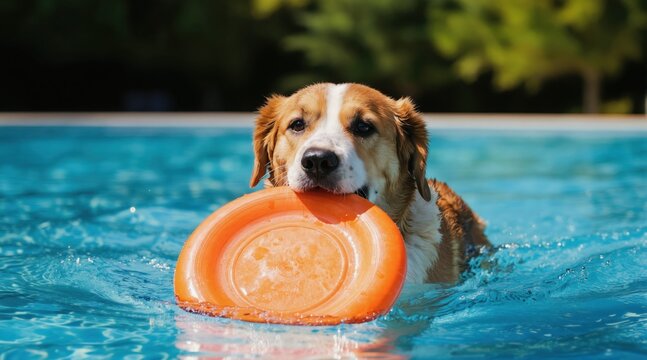 Dog swims in pool with orange frisbee toy. Pet plays fetch in clear blue water. Animal enjoys summer sun and fun activity outdoors. Wet dog doggy paddles happily.