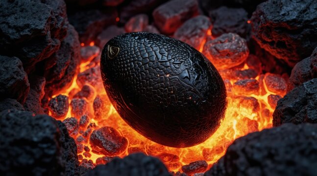 Black dragon egg sits on glowing hot coals in volcanic pit. Dark rocky texture surrounds glowing lava embers. Firey deep warmth suggests future hatching.