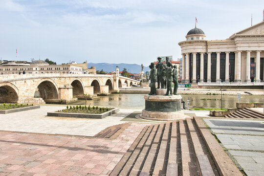 Skopje, Macedonia- March 31, 2024: Stone bridge Skopje, a bridge across the Vardar River in Skopje, the capital of the Republic of North Macedonia.