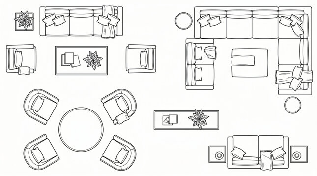 Architectural Plan View Furniture Set - Vector Couch TV Stand and Seating Symbols
