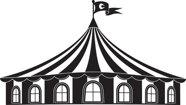 Black and white striped circus tent with triangular flag on also transparent background, triangle flag