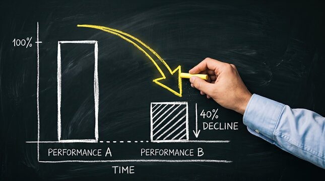 Hand drawing decline arrow on performance chart during business analysis