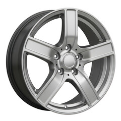 Obraz premium Modern silver alloy car wheel with five spoke design, metallic aluminum rim for automotive performance, sleek vehicle wheel isolated on white background