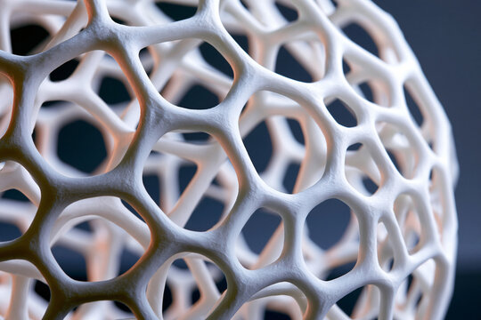 3D printed white bioplastic lattice with Voronoi pattern.