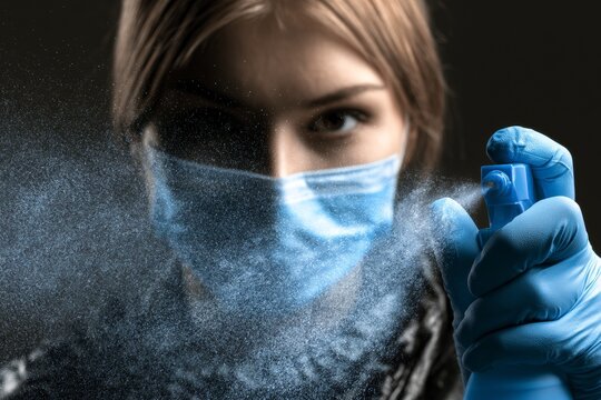 Woman Sprays Disinfectant Into Air for Hygiene While Wearing a Mask in a Close-Up Setting With No Visible Distractions or Brand Logos