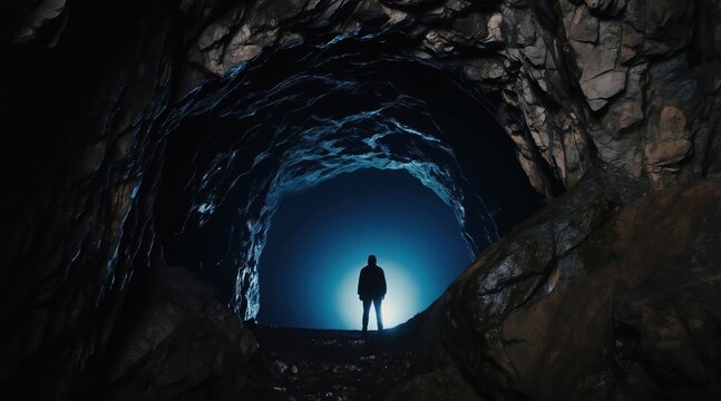 Person stands in dark cave mouth against bright blue light. Traveler explores cavern interior, mysterious unknown path ahead. Journey into darkness begins, exploring subterranean world.