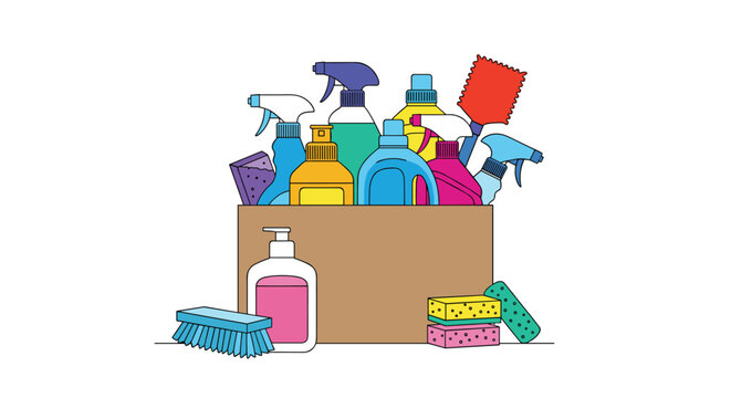 Cardboard box filled with a wide variety of colorful cleaning supplies including spray bottles sponges and scrubbing brushes.