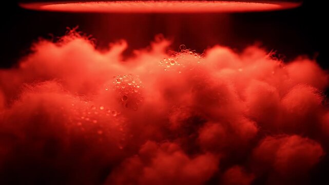 Macro View of Wool Drying Under Infrared Light - A close-up, macro shot captures wool fibers illuminated by a strong red infrared light source from above.