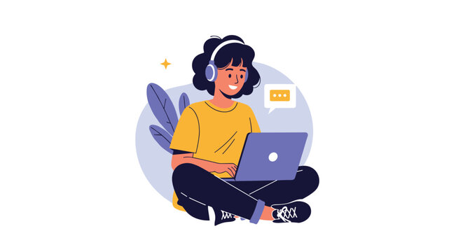 Happy girl wearing headphones sitting cross-legged and using a laptop for communication or online entertainment purposes.