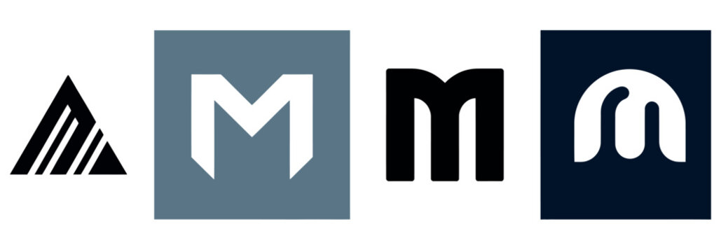 Four distinct, modern, and abstract letter M logos showcasing diverse graphic design styles for branding and corporate identity.