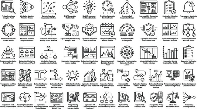 Explainable AI transparency outline icon collection with model reasoning metrics and interpretability workflow symbols for app design