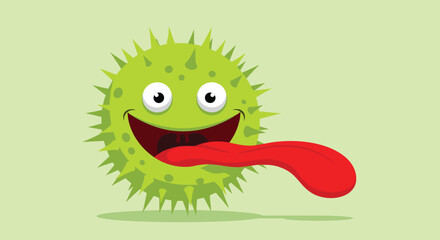 Fototapeta premium Funny green virus monster character with big eyes and a long red tongue sticking out on a light green background for kids.